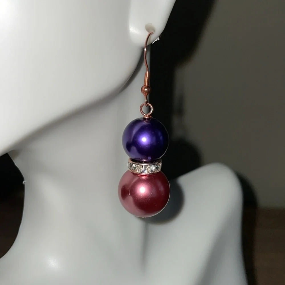 HAND CRAFTED OVERSIZED PIERCED BALL DROP PEARL EARRINGS Rose Gold Purple  Pearls